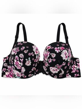 Torrid 360 Back Smoothing Push Up Bra size 46DD Black Pink Floral Underwire